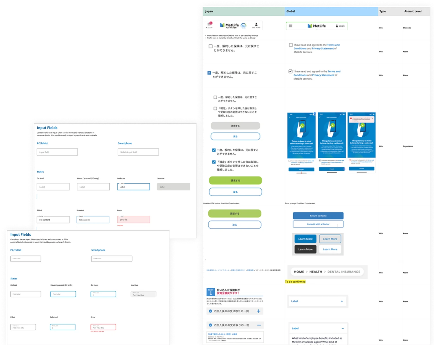 Design audit artefacts: input field component specification with all states, beside a Japan and Global comparison table classifying each component by type and atomic level