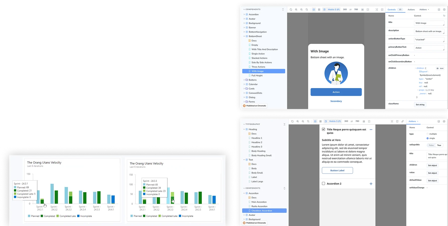 Storybook library screens: the component explorer with controls and addons panels, and sprint velocity charts comparing planned, completed, completed late and incomplete tasks across six iterations