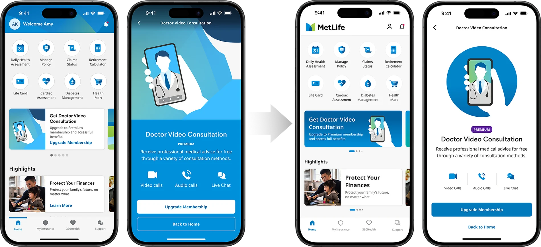 Before and after of the MetLife app: the 1.0 home and Doctor Video Consultation screens beside the refreshed versions with a lighter layout and updated brand treatment
