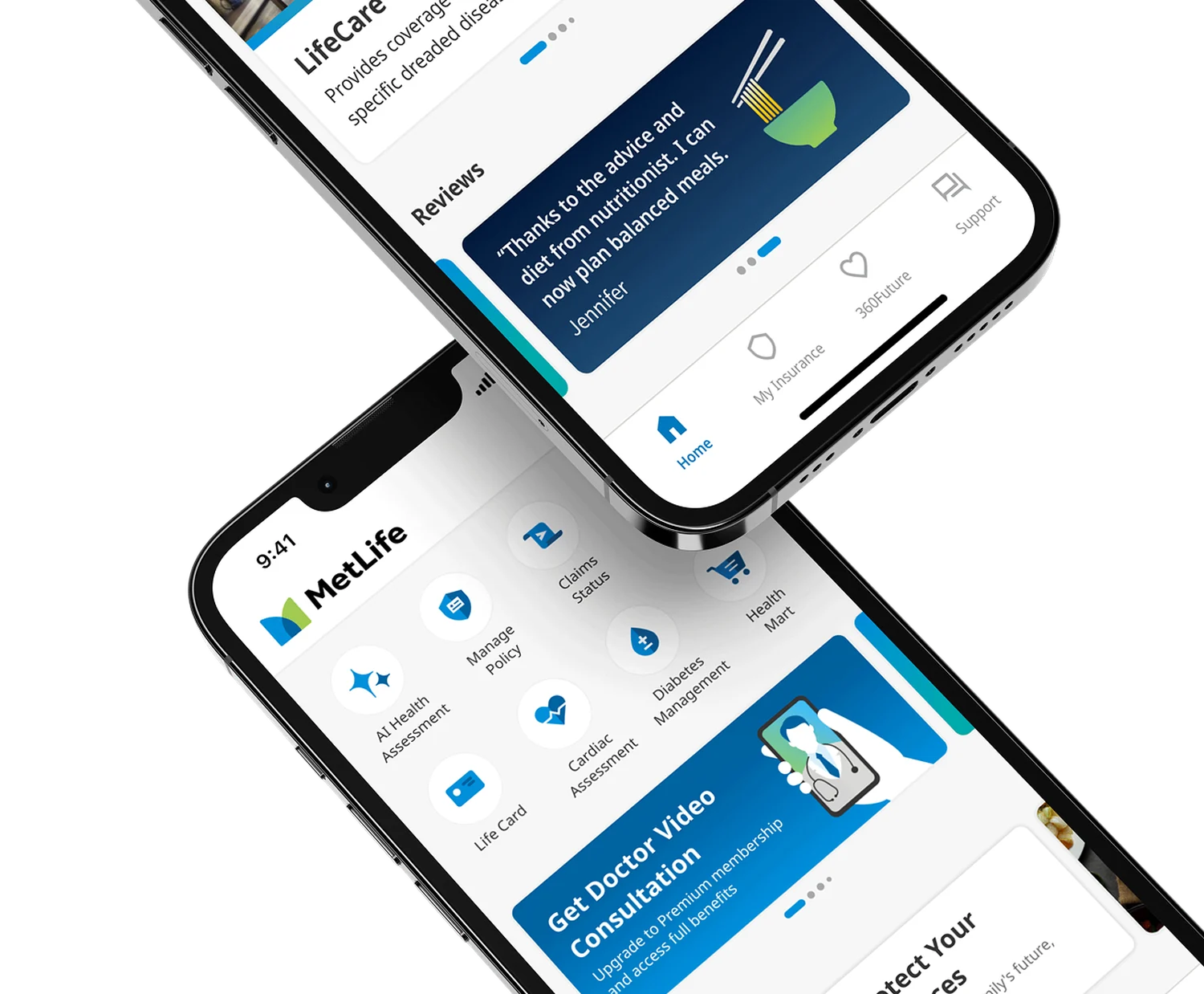 Two MetLife app screens shown at an angle: the refreshed home screen with quick-action icons, and a reviews card from the LifeCare section