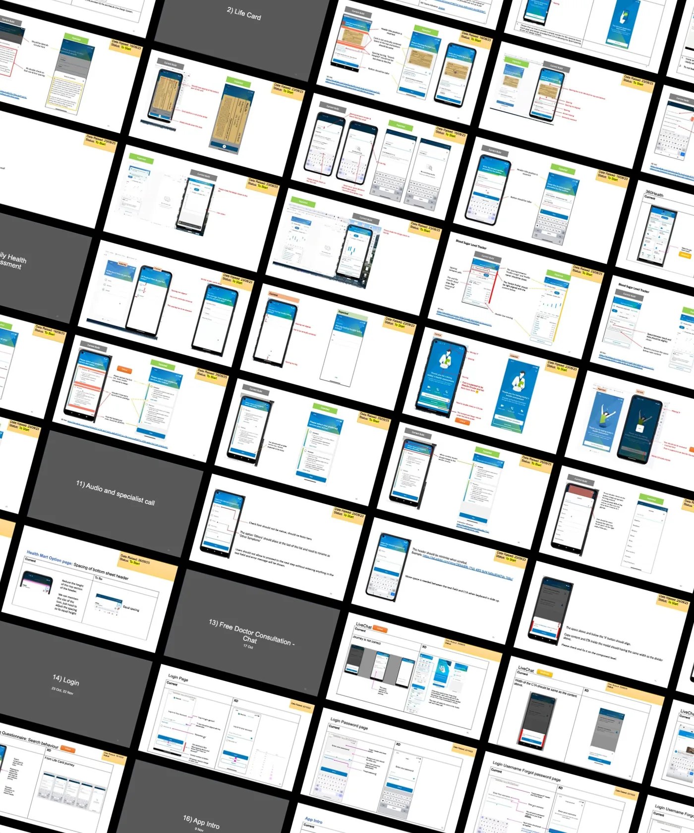 Grid of UI bug annotations and QA screenshots across the MetLife design system audit