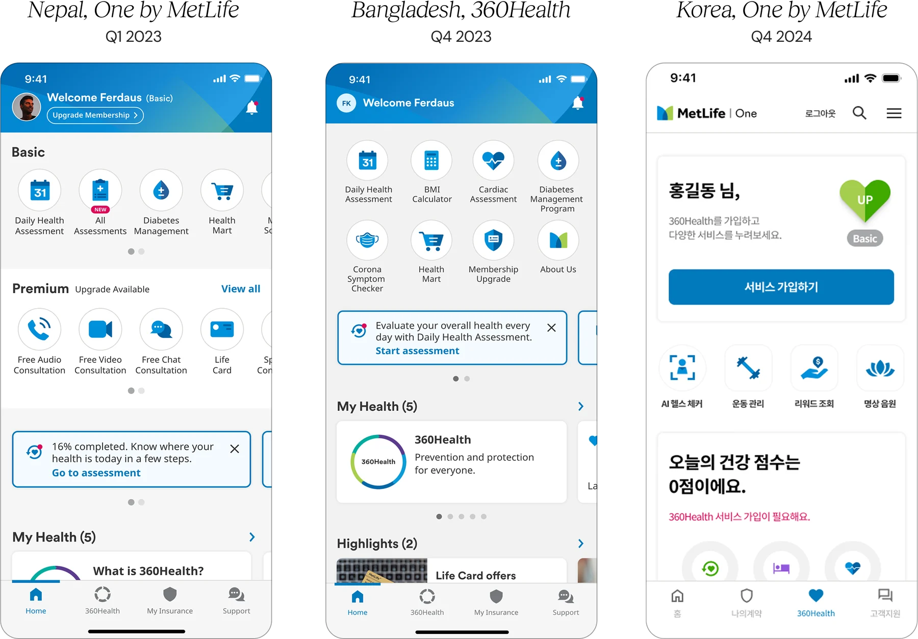 Screenshots of Nepal One by MetLife (Q1 2023), Bangladesh 360Health (Q4 2023), and Korea One by MetLife (Q4 2024) mobile apps