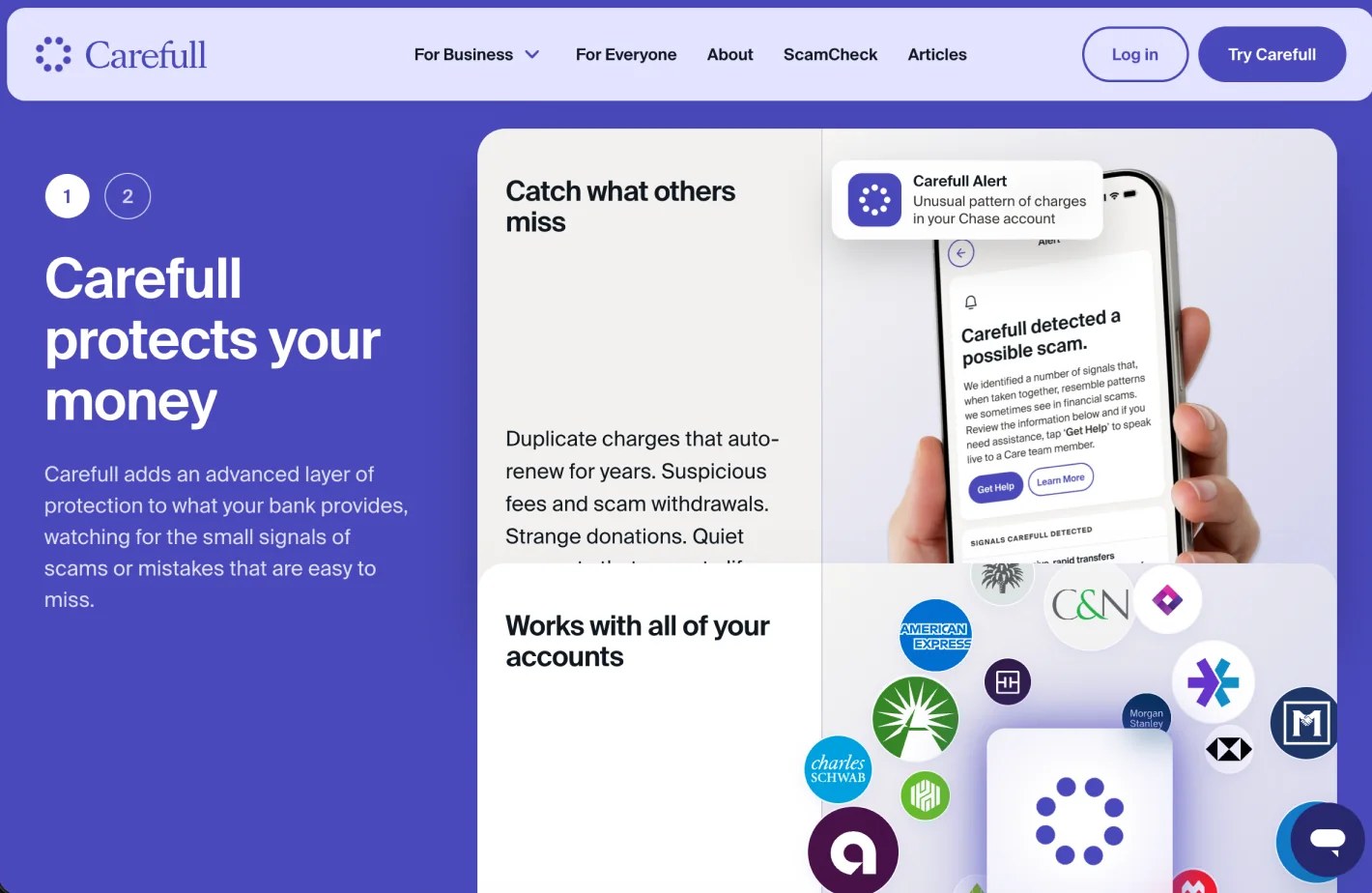 Carefull product page — Catch what others miss, works with all of your accounts