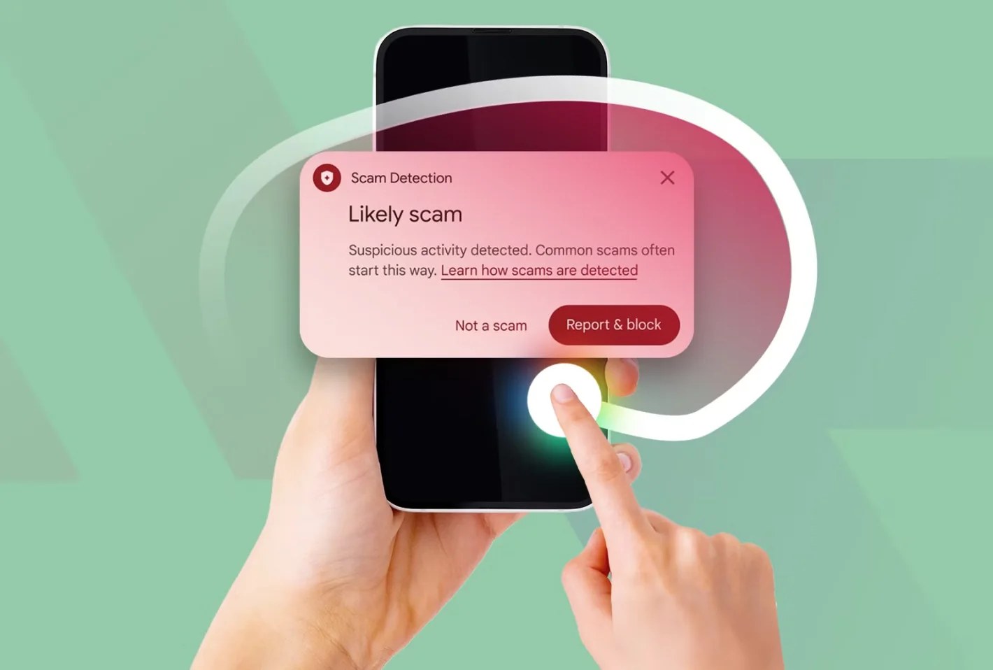 Scam detection alert UI pattern — Likely scam warning with report and block actions