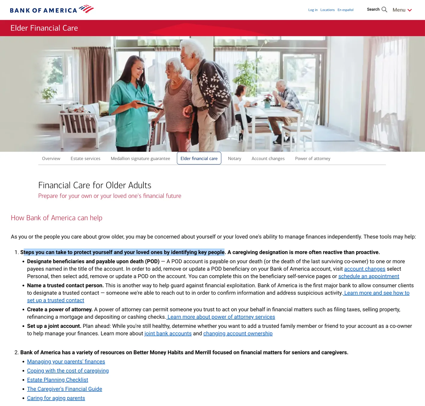 Bank of America Elder Financial Care page — trusted contact, power of attorney, and elder resources