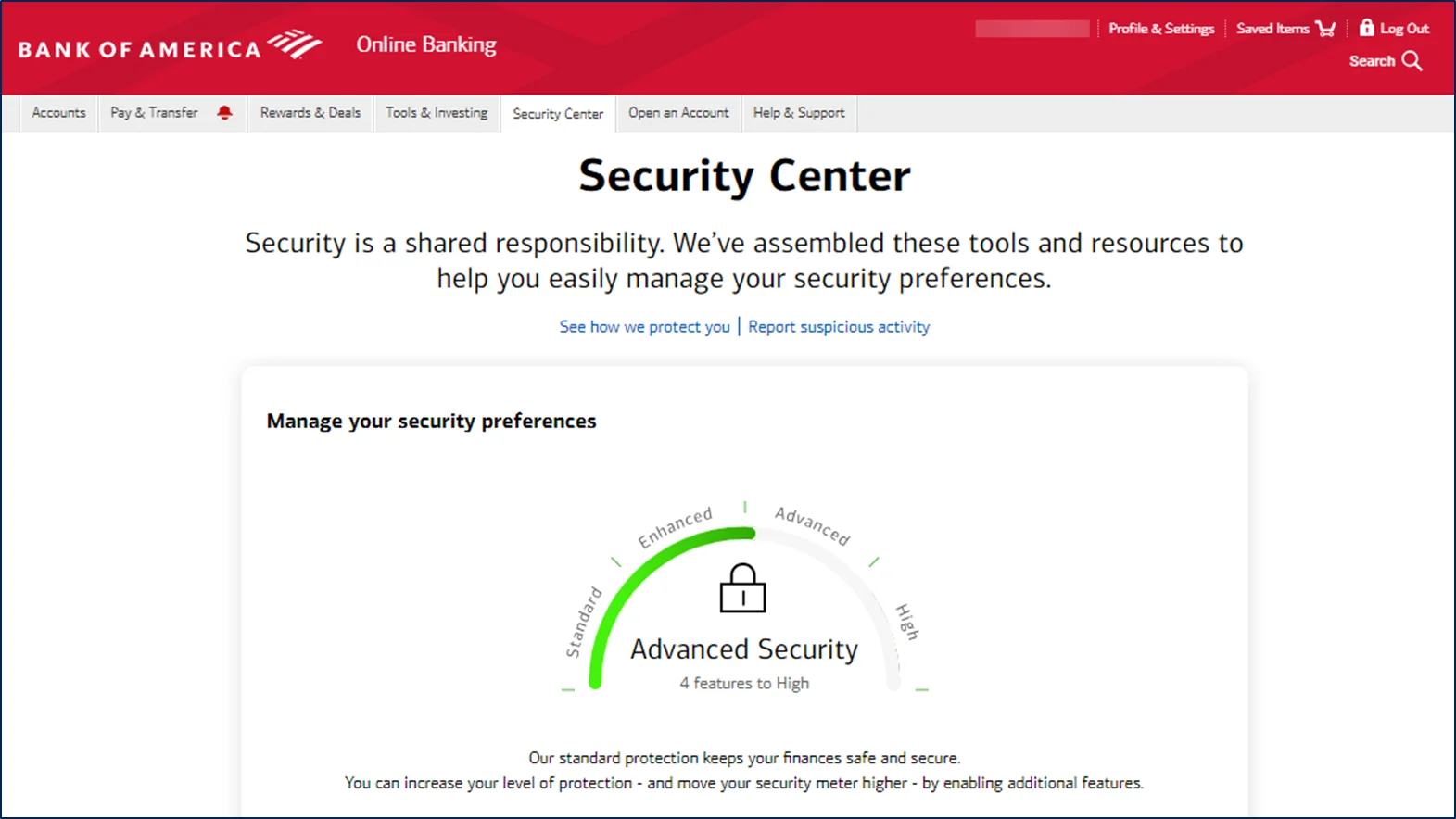 Bank of America Security Center — security preferences meter and protection level
