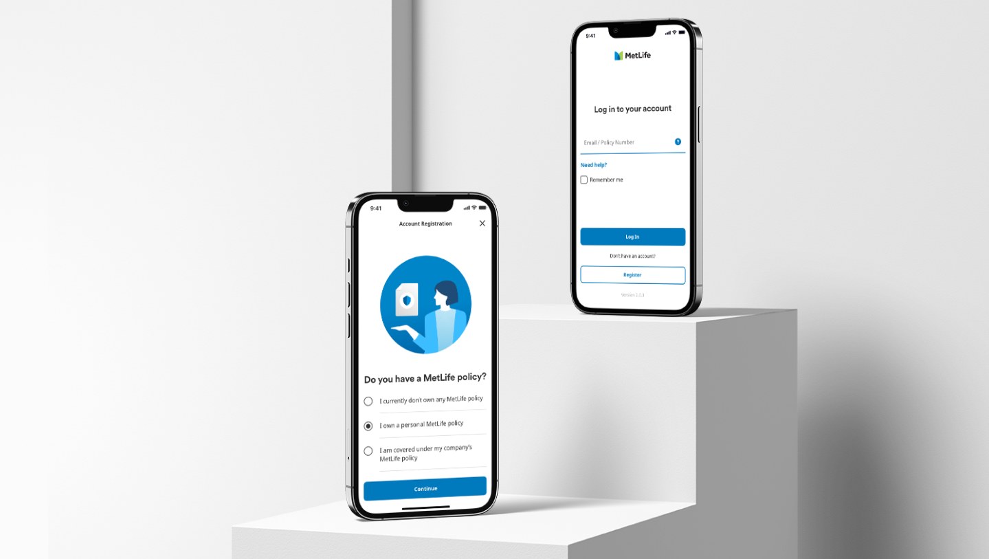 Two phones showing the redesigned journey: the account registration screen asking which kind of MetLife policy the user holds, and the login screen taking an email or policy number