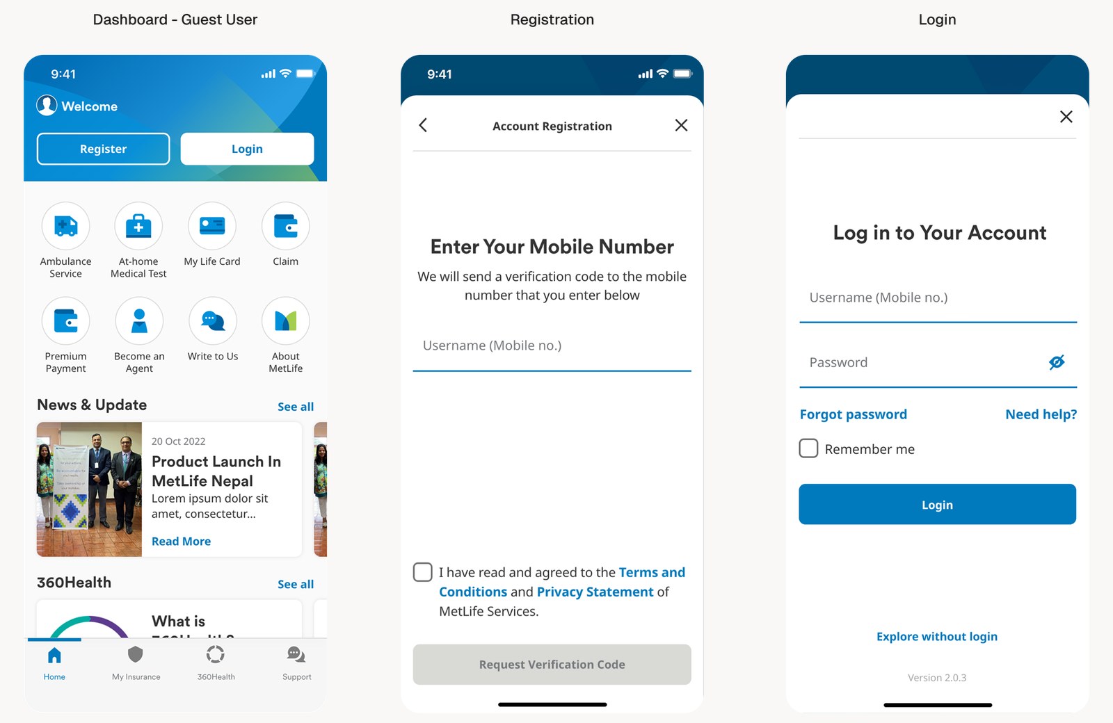 The previous interface: a guest dashboard dense with service tiles, the registration step asking only for a mobile number, and the login screen labelled Username (Mobile no.) with an Explore without login link