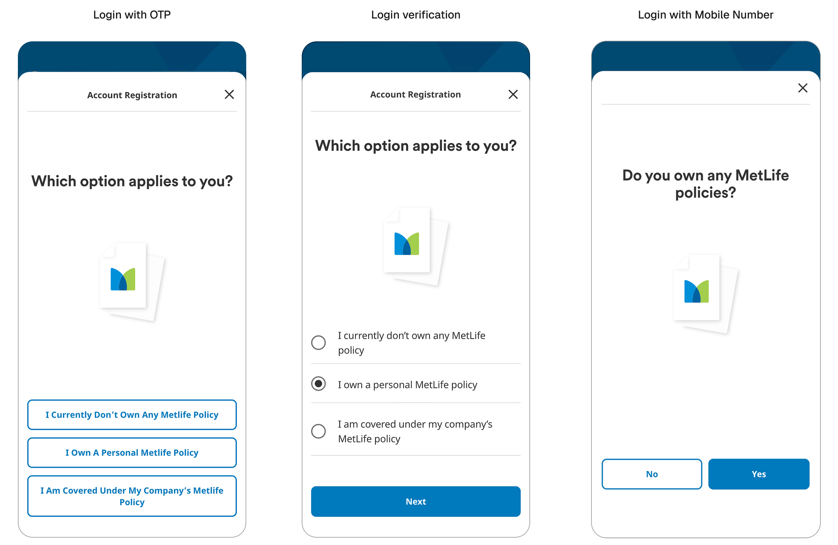Three treatments for the account type question: full-width answer buttons, the same question as a radio list with a default pre-selected and a single continue action, and a simplified yes or no question