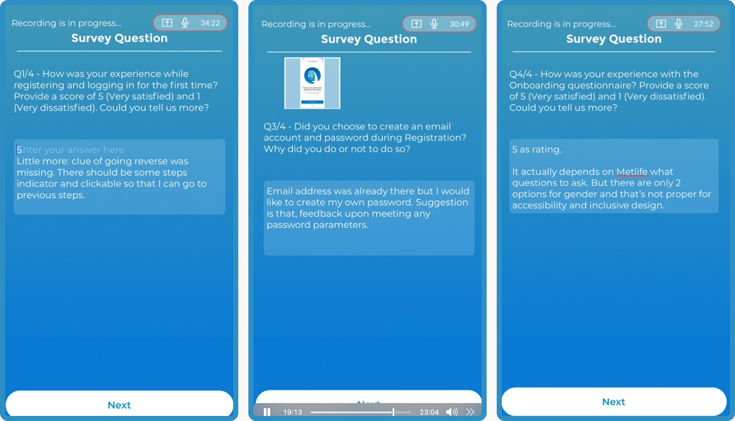 Screens from the unmoderated UX Army test showing survey questions and participants typed answers about registering and logging in for the first time